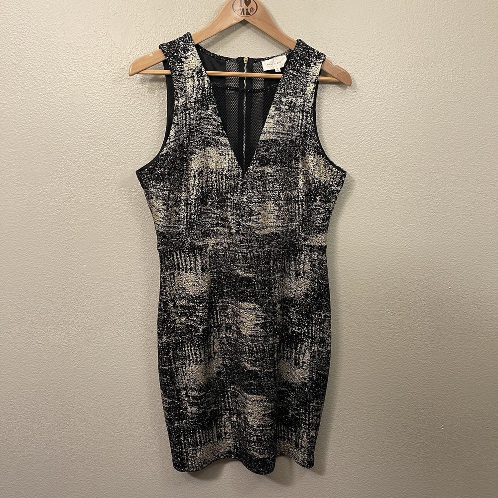 Mello Day Black Gold Metallic Bodycon Dress Mesh Cut Out Zipper Party Event Sz M